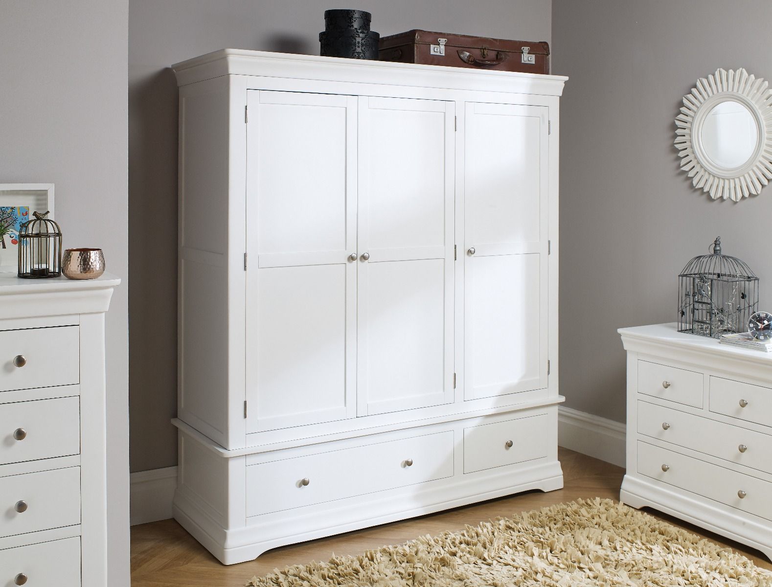 Toulouse White Painted Triple Wardrobe With Drawer – Free Delivery | Top  Furniture Intended For Single White Wardrobes With Drawers (Photo 7 of 15)