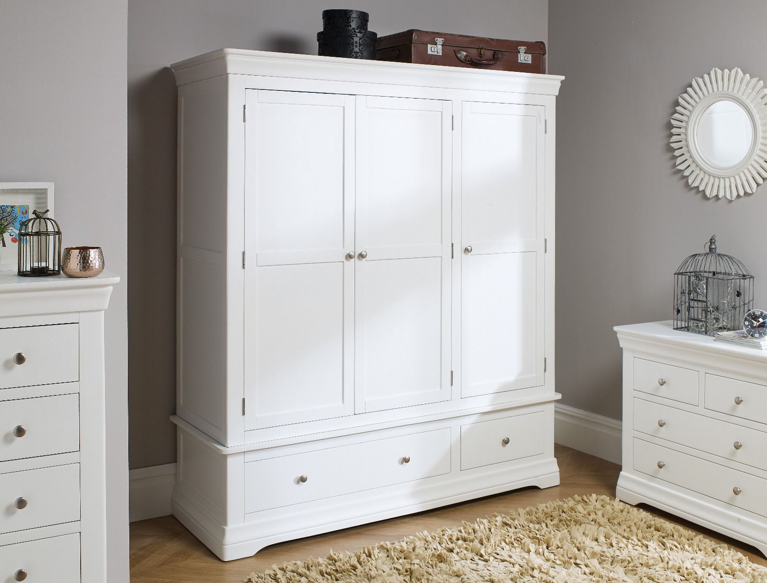 Toulouse White Painted Triple Wardrobe With Drawer – Free Delivery | Top  Furniture Intended For Tall White Wardrobes (Photo 1 of 13)