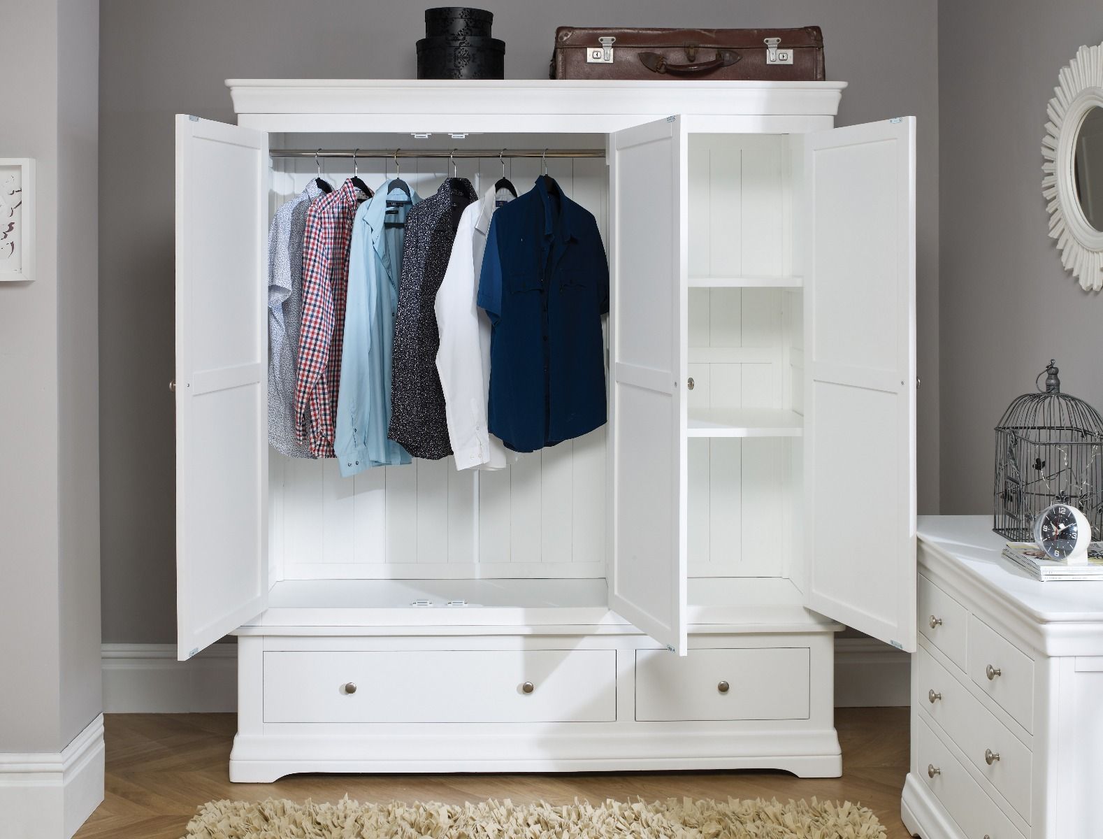Toulouse White Painted Triple Wardrobe With Drawer – Free Delivery | Top  Furniture Pertaining To Tall White Wardrobes (View 4 of 13)