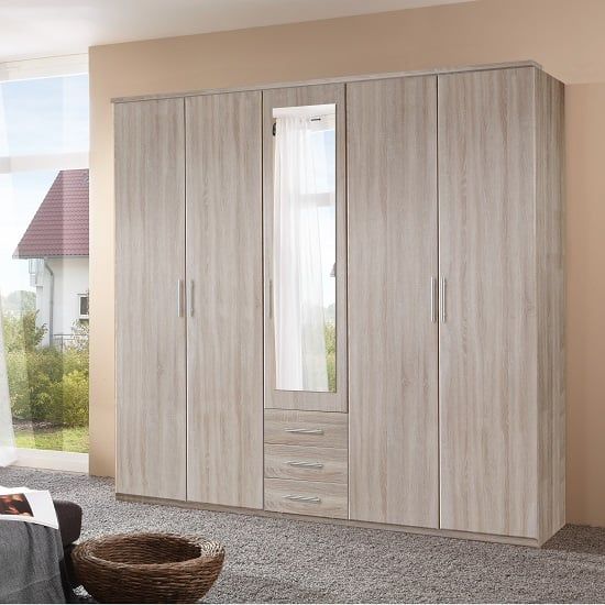 Tracy Mirrored Wardrobe In Oak Effect With 5 Doors 3 Drawers | Furniture In  Fashion With 5 Door Mirrored Wardrobes (Photo 7 of 15)