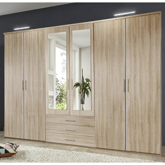 Tracy Mirrored Wardrobe Large In Oak Effect With 6 Doors | Furniture In  Fashion Inside Large Wooden Wardrobes (View 7 of 15)