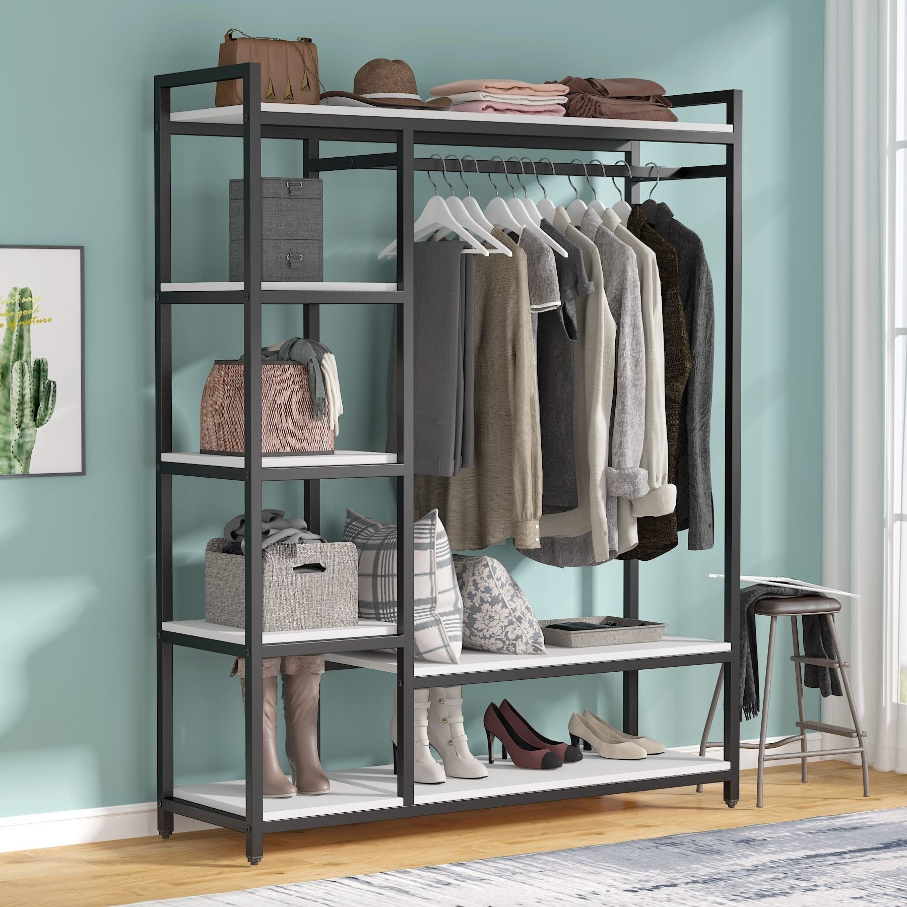 Tribesigns Free Standing Closet Organizer With 6 Storage Shelves And Hanging  Bar, Large Standing Clothes Garment Rack – On Sale – Bed Bath & Beyond –  32566944 In Standing Closet Clothes Storage Wardrobes (View 4 of 15)