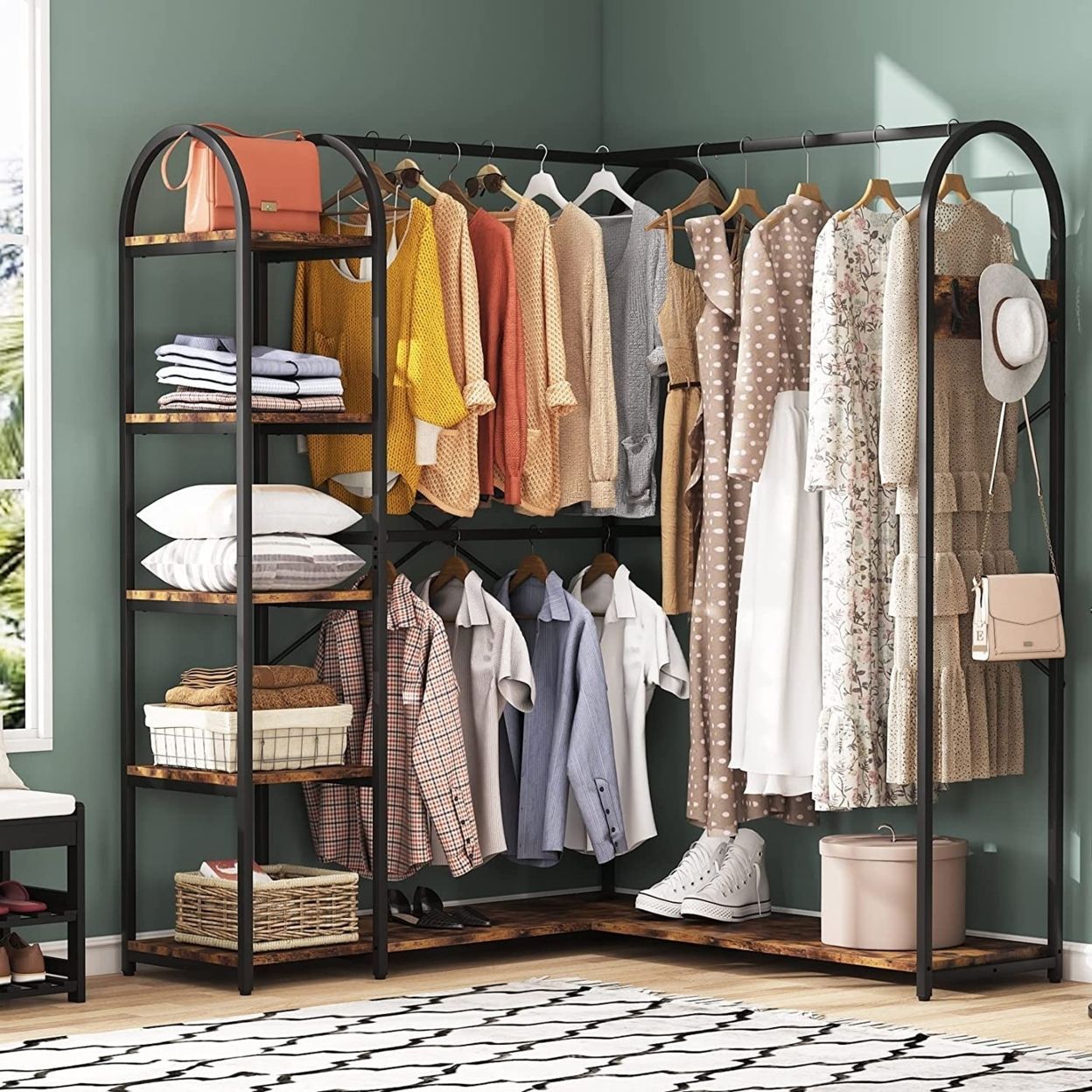 Tribesigns L Shape Clothes Rack, Corner Garment Rack With Storage Shelves  And Hanging Rods, Space Saving Large Open Wardrobe Closet In 2023 | Clothing  Rack, Closet System, Wardrobe Closet For Wardrobes With Garment Rod (Photo 11 of 15)
