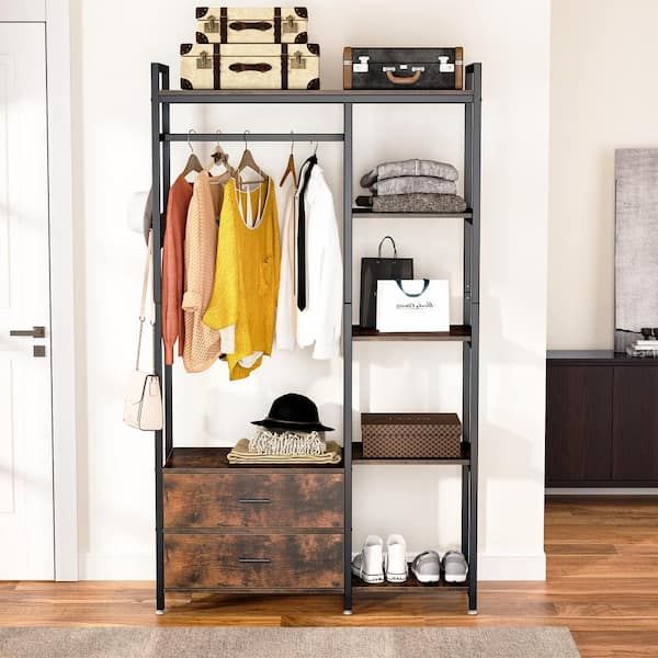 Tribesigns Way To Origin 47.2 In. W Freestanding Clothes Garment Rack With  Shelves And 2 Drawers, 5 Tier Rustic Brown Closet Organizer Wardrobe  Hd Ggf1546 – The Home Depot In 5 Tiers Wardrobes (Photo 8 of 15)