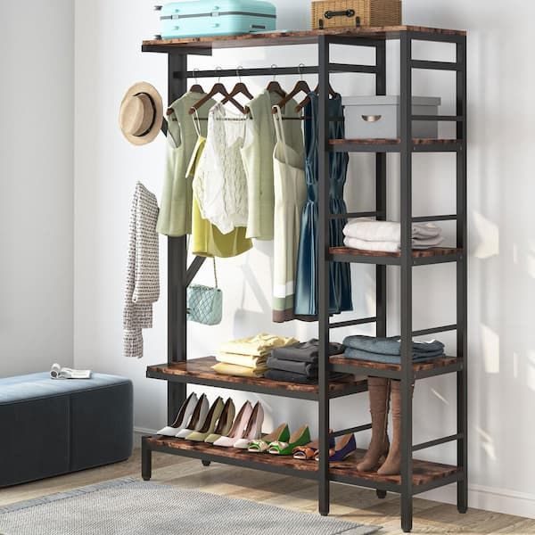 Tribesigns Way To Origin Billie Brown Closet System Starter Kit Garment Rack  With Shelves Hang Rod,4 Hooks (70.9 In. X 47.2 In. X 15.8 In.) Hd F1197 Wzz  – The Home Depot For Built In Garment Rack Wardrobes (Photo 9 of 15)