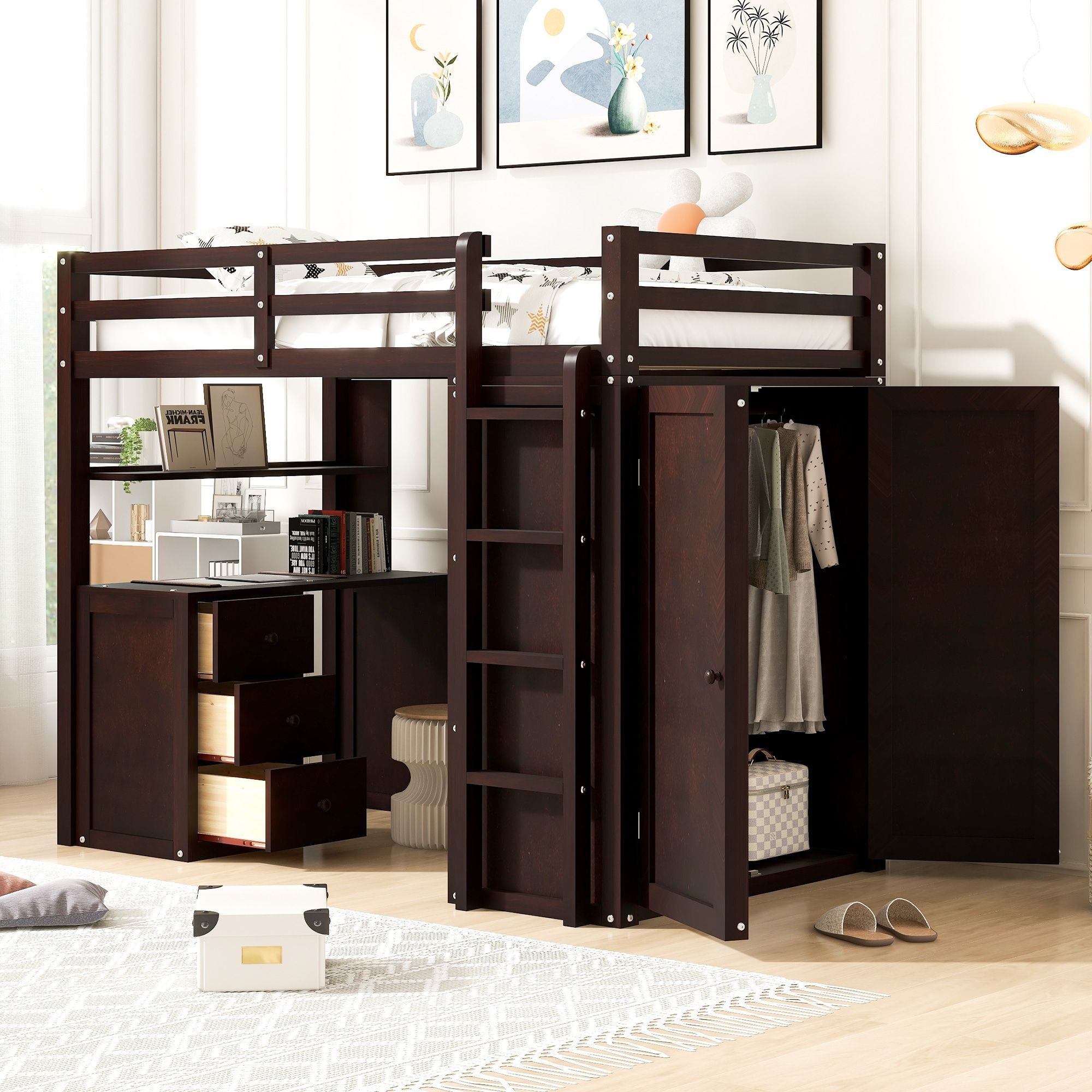 Twin Loft Bed With Wardrobes And Desk, Solid Wood Bed Frame W/ 2 Storage  Drawers Cabinet, For Kids Teens Adults Bedroom,espresso – On Sale – Bed  Bath & Beyond – 37893166 Pertaining To Espresso Wardrobes (Photo 6 of 15)