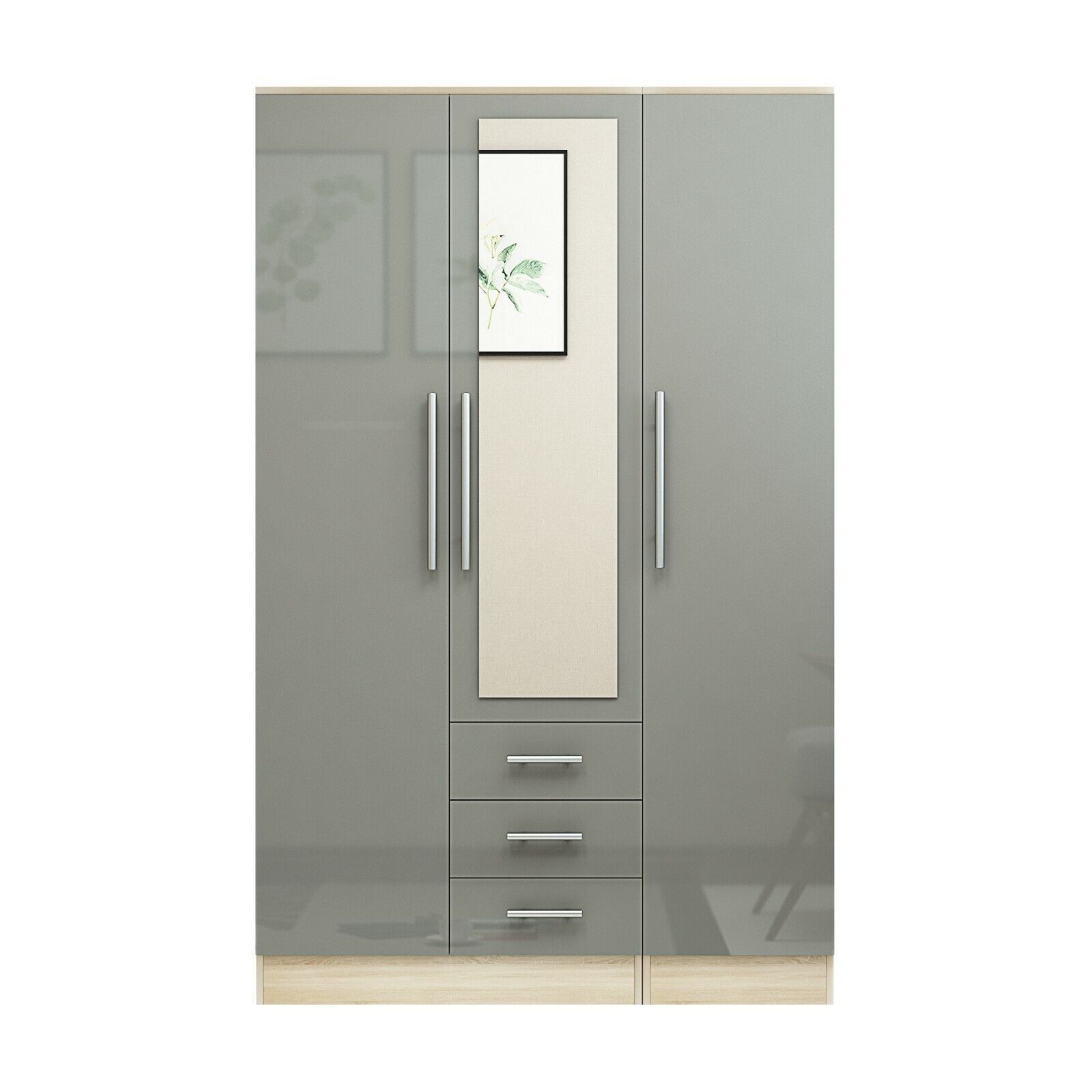 Unique 3 Door Combi Mirrored Wardrobe, 3 Drawers, In High Gloss  Grey/black/white | Ebay For 3 Doors Wardrobes With Mirror (Photo 5 of 15)