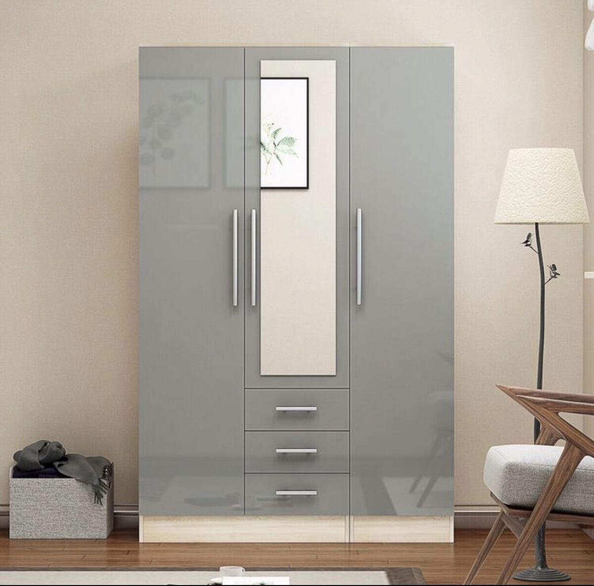 Unique 3 Door Combi Mirrored Wardrobe, 3 Drawers, In High Gloss  Grey/black/white | Ebay Throughout Three Door Mirrored Wardrobes (Photo 9 of 15)