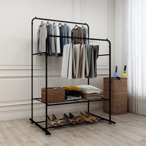 Urtr Black Garment Rack With Shelving Freestanding Hanger Metal Heavy Duty  Double Rods Multi Functional Bedroom Clothing Rack T 01312 Bk – The Home  Depot With Regard To Double Black Covered Tidy Rail Wardrobes (Photo 10 of 15)