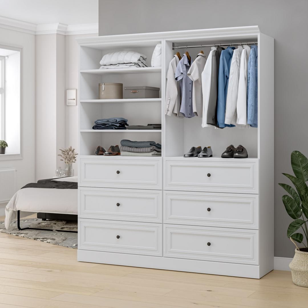 Versatile 72w Closet Organizer With Drawers | Bestar Throughout White Wood Wardrobes With Drawers (View 8 of 15)