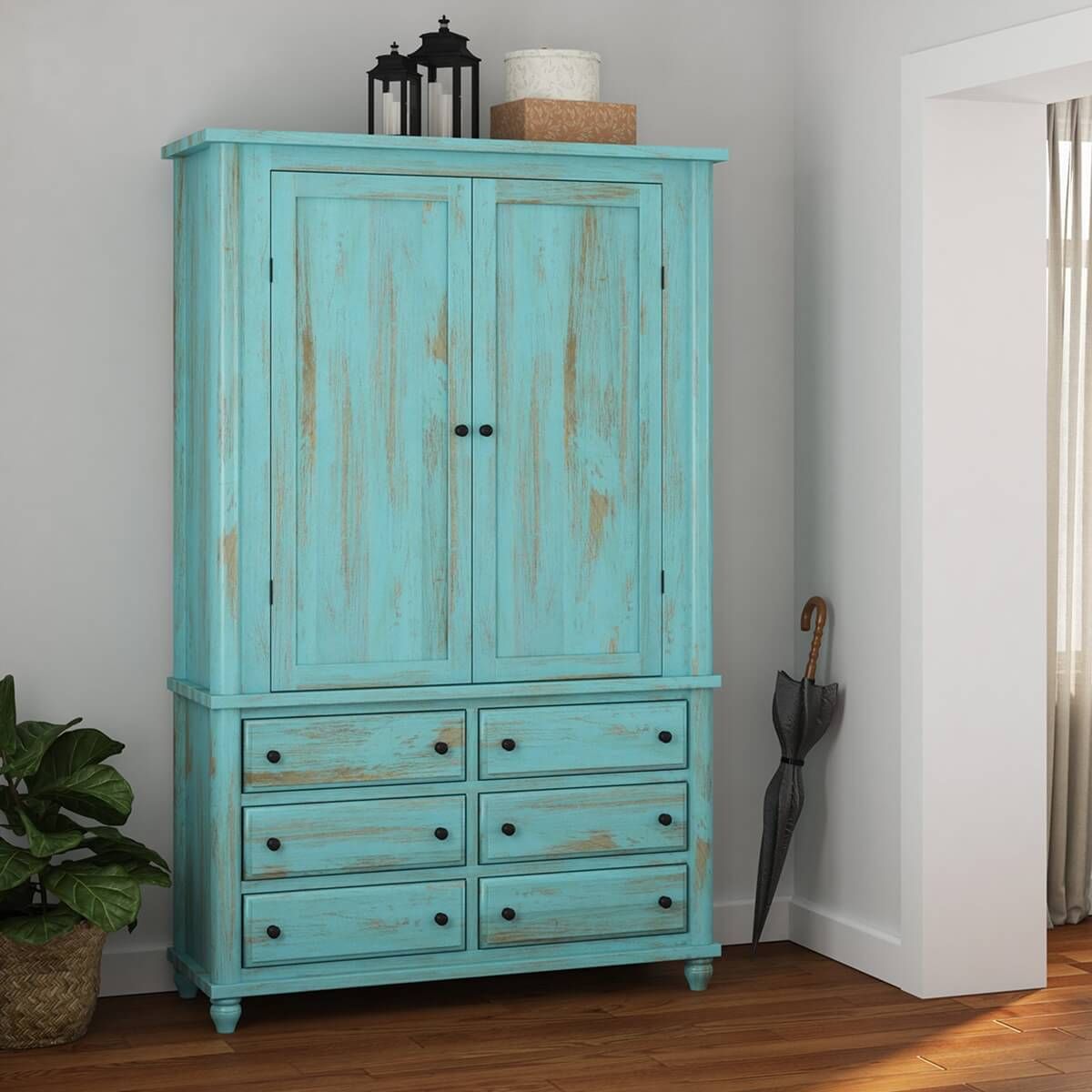 Victorian Turquoise Mango Wood Clothing Armoire Wardrobe With Drawers Throughout Victorian Wardrobes (Photo 7 of 15)