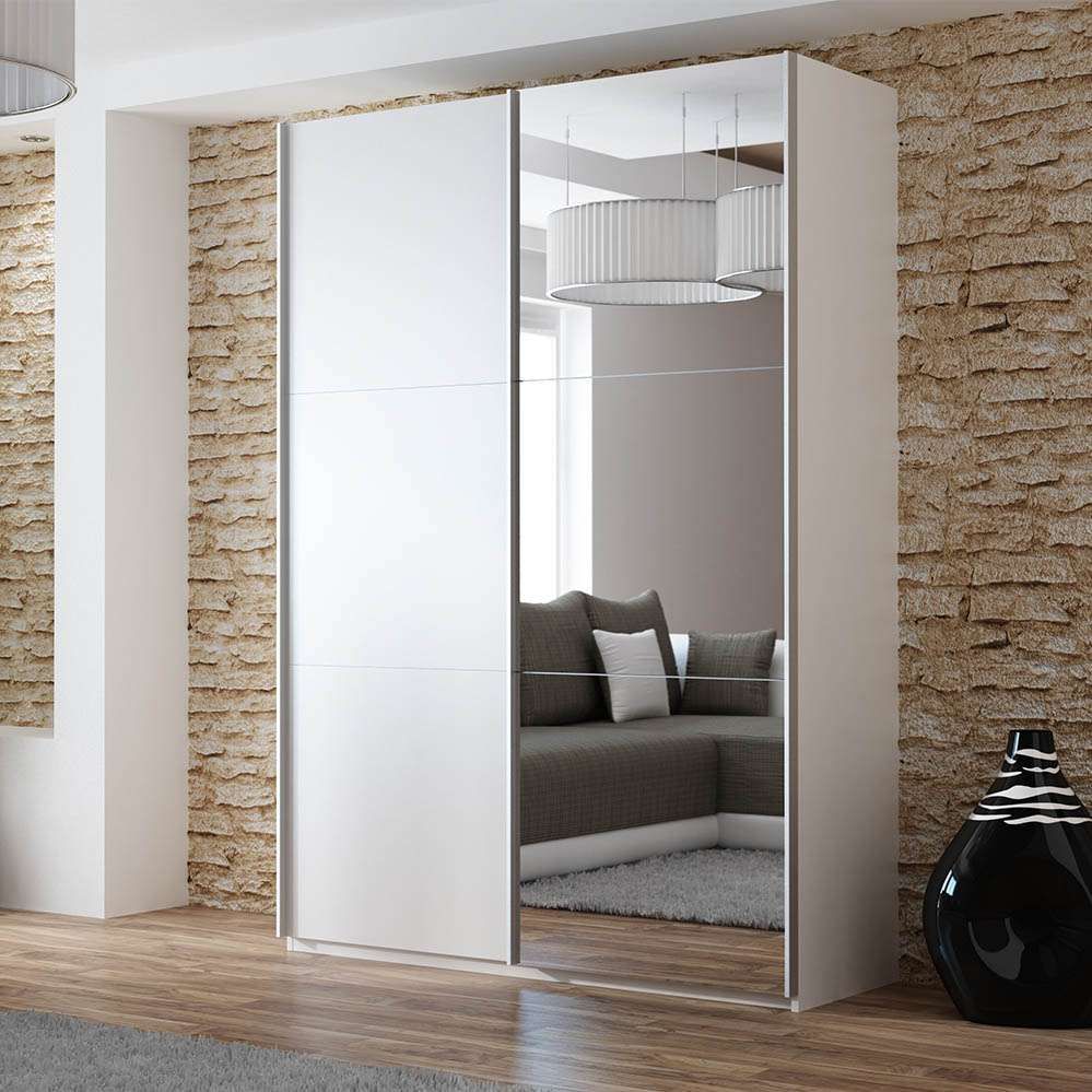 Vigo 150cm Sliding Door Wardrobe White+mirror | Dako Furniture Intended For Single White Wardrobes With Mirror (Photo 3 of 15)