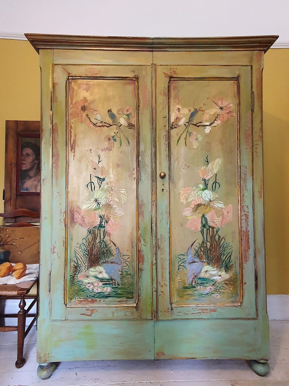 Vintage Painted Pine Armoire /wardrobe With Inlaid Chinoiserie Panels |  Trouve Fine Art Throughout Shabby Chic Pine Wardrobes (Photo 5 of 15)