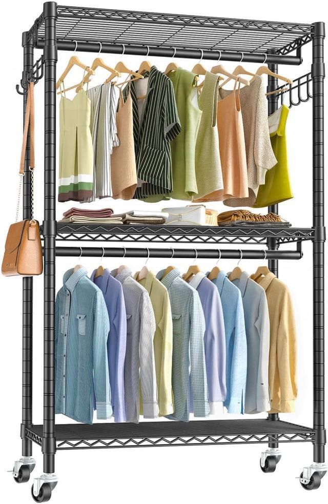 Vipek V12 Portable Closets Heavy Duty Rolling Garment Rack 3 Tiers  Adjustable Wire Shelving Clothes Rack With Double Rods And Side Hooks,  Freestanding Wardrobe Storage Rack Metal Clothing Rack, Black – Newegg With Wire Garment Rack Wardrobes (Photo 11 of 15)