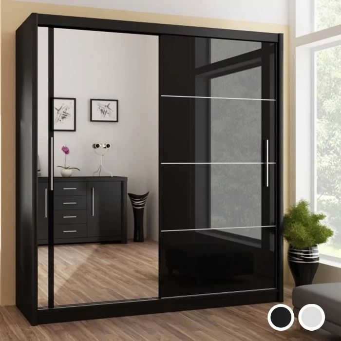 Vista High Gloss Mirrored Sliding Door Wardrobe – Black And White For Black Gloss Mirror Wardrobes (View 6 of 15)