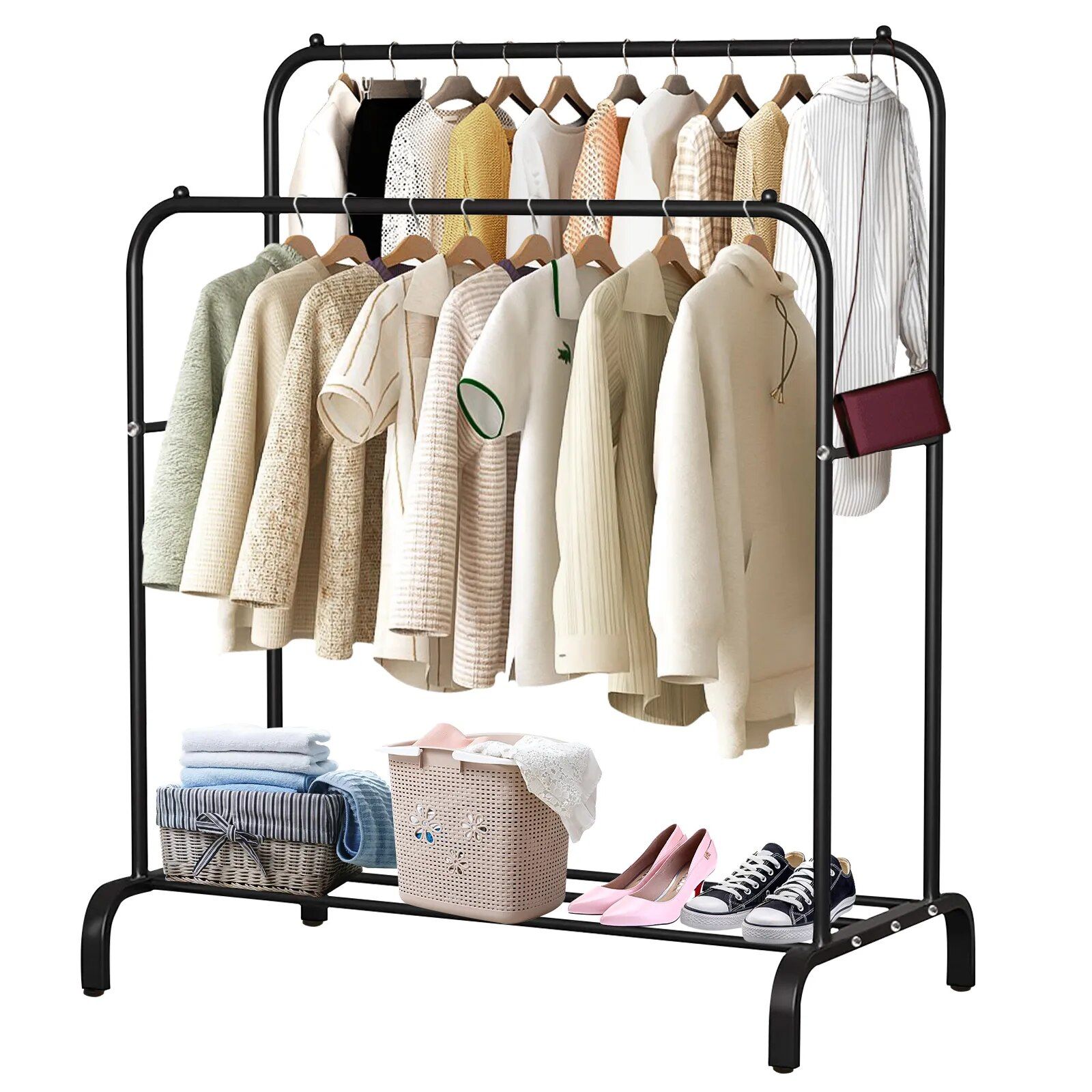 Voilamart Double Hanging Rails For Clothes Heavy Duty Garment Rail Free  Standing Metal Clothing Rack Commercial Coat Rail – Drying Racks –  Aliexpress With Regard To Double Black Covered Tidy Rail Wardrobes (View 13 of 15)