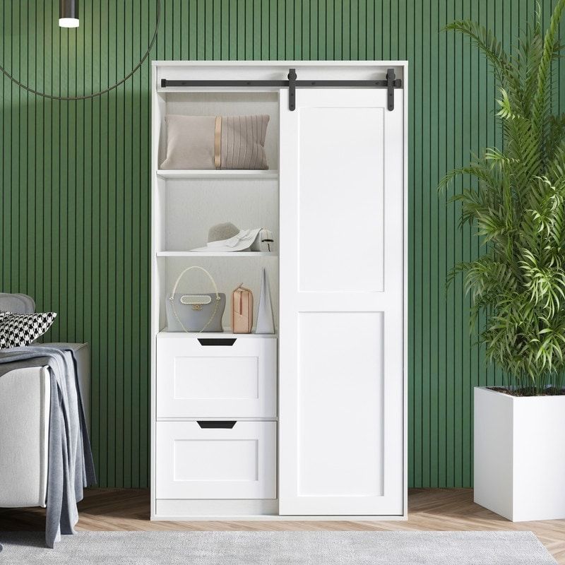 Wardrobe Closet And Cabinet With Hanging Rod, Clothes Locker,classic  Sliding Barn Door Armoire With Drawers For Bedroom – Bed Bath & Beyond –  37348727 For Wardrobes With Hanging Rod (Photo 7 of 15)