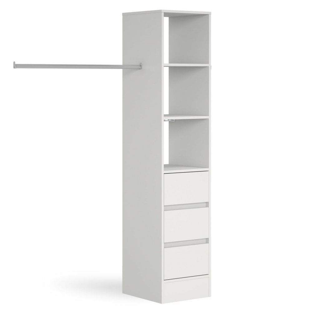 White Deluxe 3 Drawer Wardrobe Tower Shelving Unit With Hanging Bars –  Interiors Plus Intended For 3 Shelving Towers Wardrobes (Photo 2 of 15)