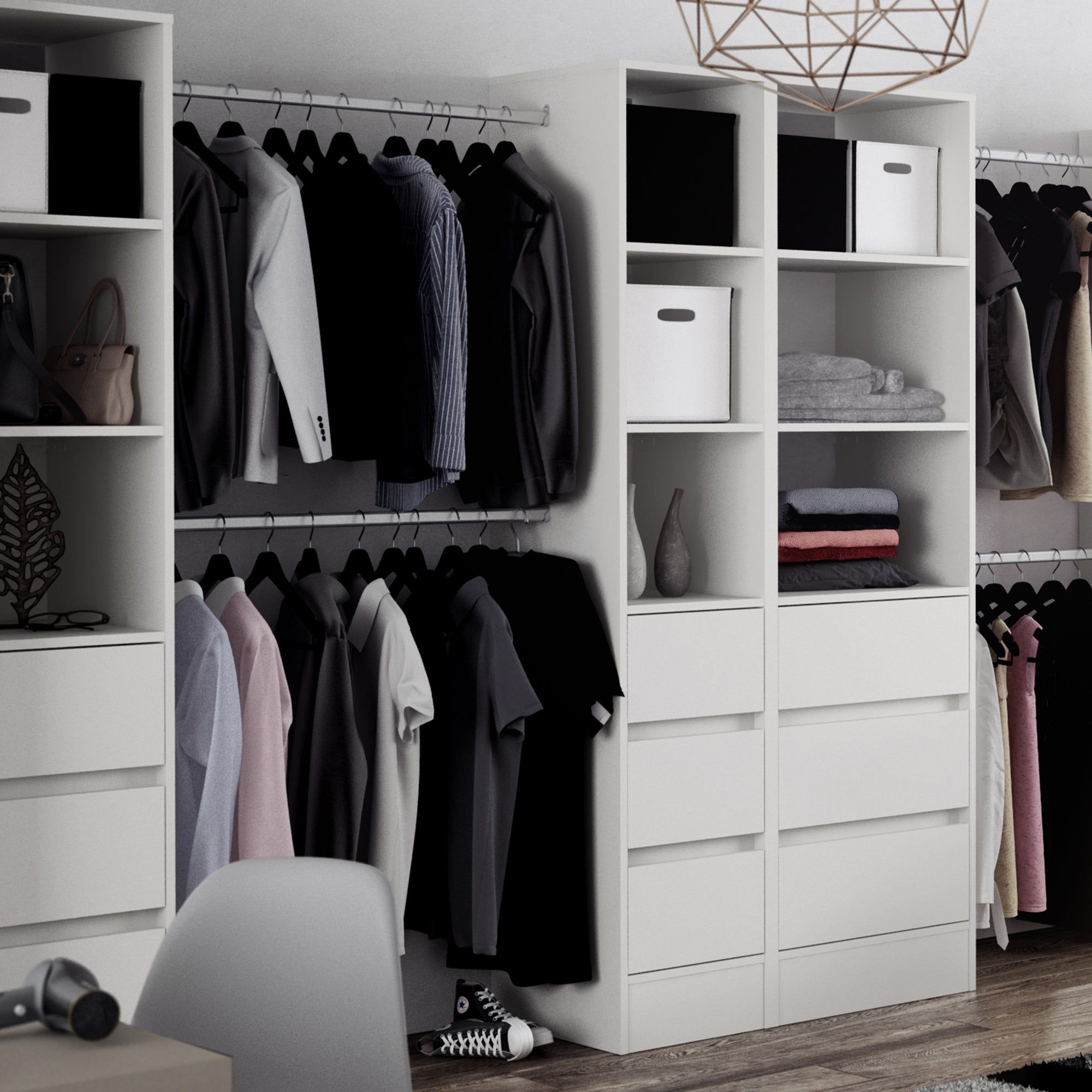 White Deluxe 3 Drawer Wardrobe Tower Shelving Unit With Hanging Bars –  Interiors Plus With Wardrobes With 3 Shelving Towers (Photo 1 of 15)