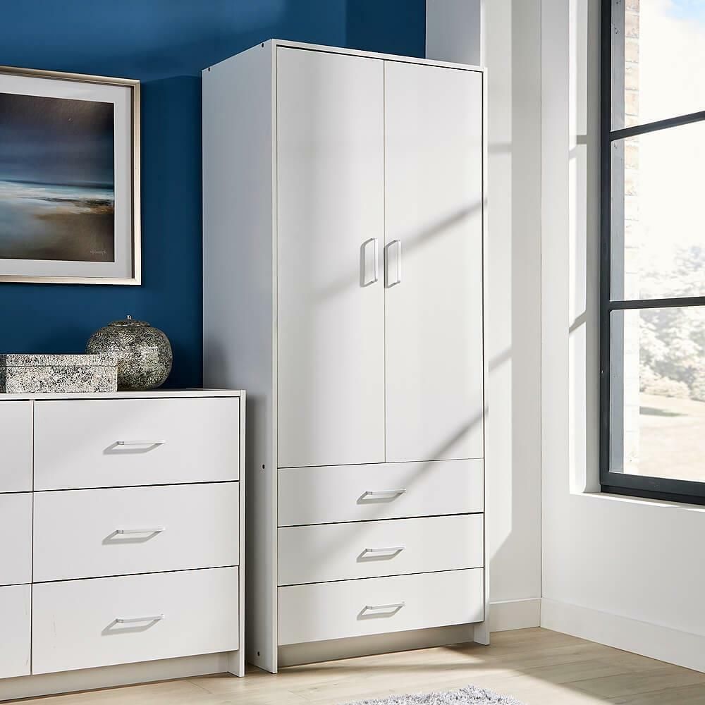 White Wardrobe 2 Door 3 Drawer With Hanging Rail And Storage Shelf Bedroom  Unit | Ebay In White 3 Door Wardrobes (View 8 of 19)