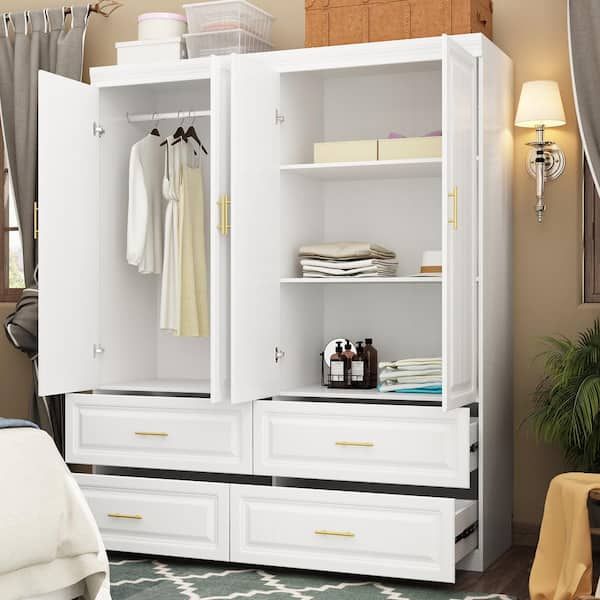 Wiawg White Wooden 63 In. W 4 Door Super Large Bedroom Armoire Wardrobe  With Hanging Bars, Drawers, Storage Shelves Kf250023 12 – The Home Depot Intended For White Double Wardrobes With Drawers (Photo 12 of 15)