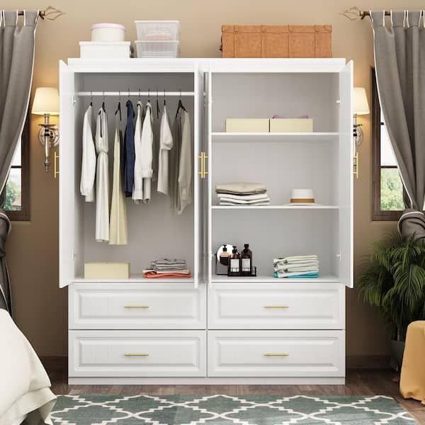 Wiawg White Wooden 63 In. W 4 Door Super Large Bedroom Armoire Wardrobe  With Hanging Bars, Drawers, Storage Shelves Kf250023 12 – The Home Depot Pertaining To Large White Wardrobes With Drawers (Photo 7 of 15)