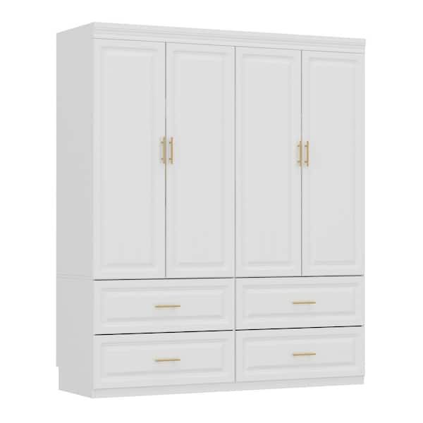 Wiawg White Wooden 63 In. W 4 Door Super Large Bedroom Armoire Wardrobe  With Hanging Bars, Drawers, Storage Shelves Kf250023 12 – The Home Depot Within Large White Wardrobes With Drawers (Photo 4 of 15)