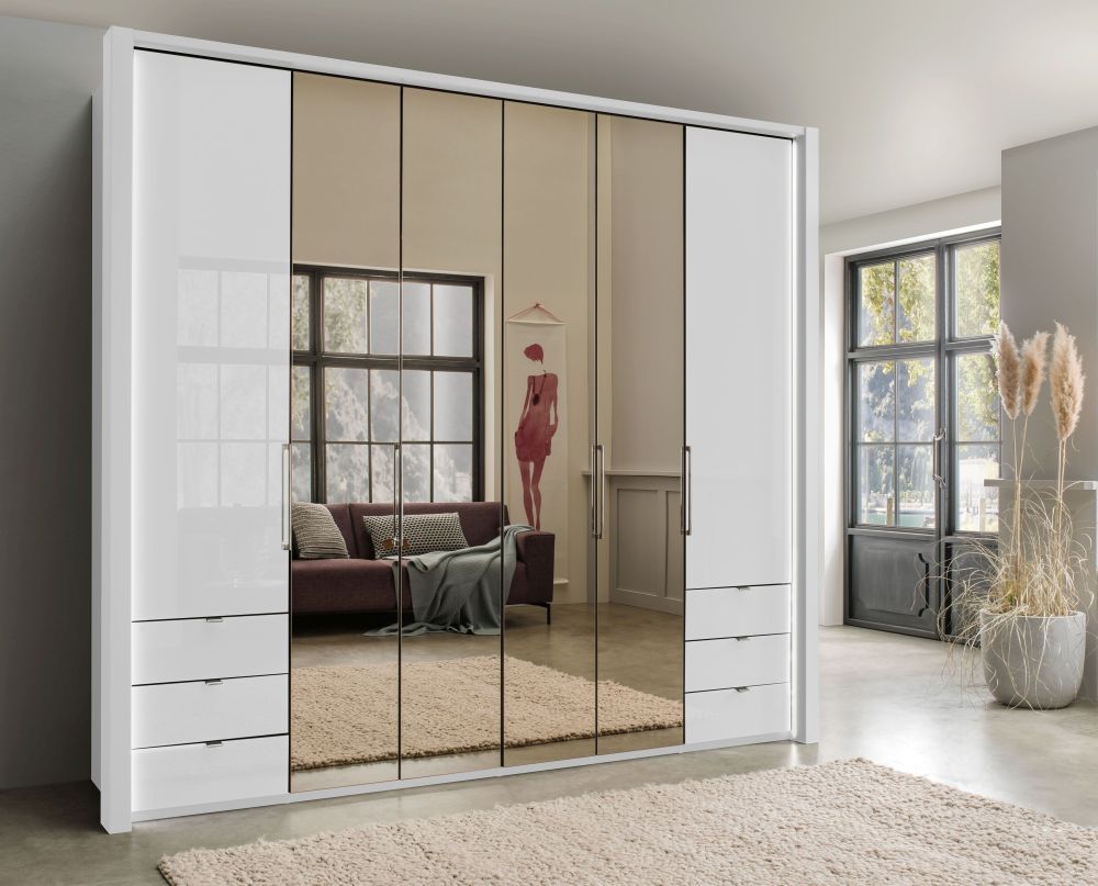Wiemann Kansas 6 Door Bi Fold Combi Wardrobe In White Glass – W 250cm – Cfs  Furniture Uk Inside Combi Wardrobes (Photo 12 of 15)
