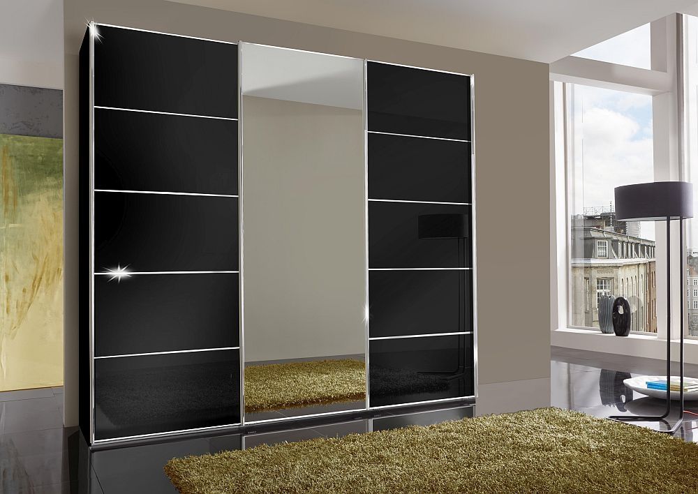 Wiemann Vip Westside 3 Door Mirror Sliding Wardrobe In Black Glass – W  250cm – Cfs Furniture Uk Intended For Black 3 Door Wardrobes (View 6 of 10)