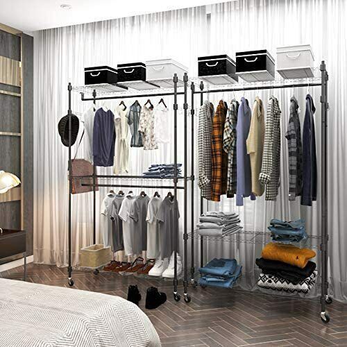 Wire Shelving Clothes Closet Organizer Garment Rack Rolling Shelf With Side  Hook | Ebay With Regard To Wire Garment Rack Wardrobes (View 6 of 15)