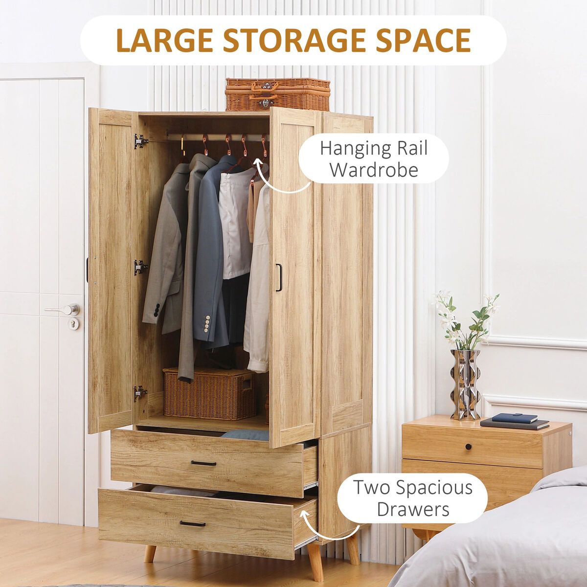 Wooden Wardrobe Double Door Closet Hanging Rail Clothing Storage Organiser  Shelf | Ebay In Wardrobes With Double Hanging Rail (View 9 of 15)