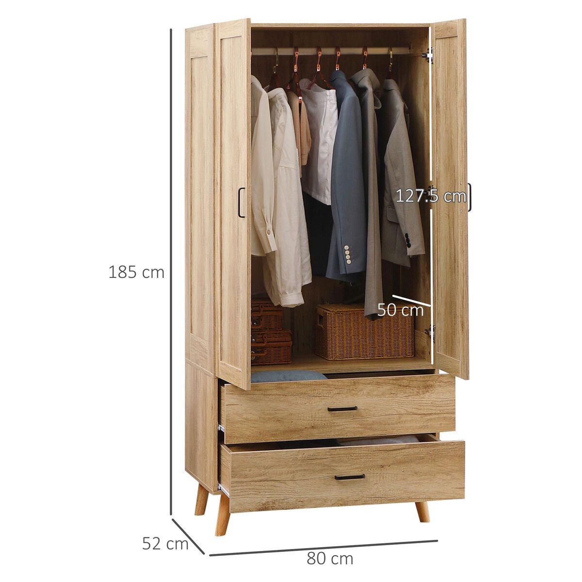Wooden Wardrobe Double Door Closet Hanging Rail Clothing Storage Organiser  Shelf | Ebay Intended For Double Rail Oak Wardrobes (View 3 of 15)
