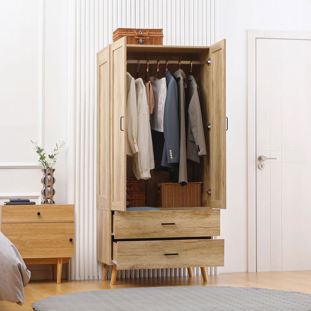 Wooden Wardrobe Double Door Closet Hanging Rail Clothing Storage Organiser  Shelf | Ebay Intended For Double Rail Oak Wardrobes (Photo 1 of 15)