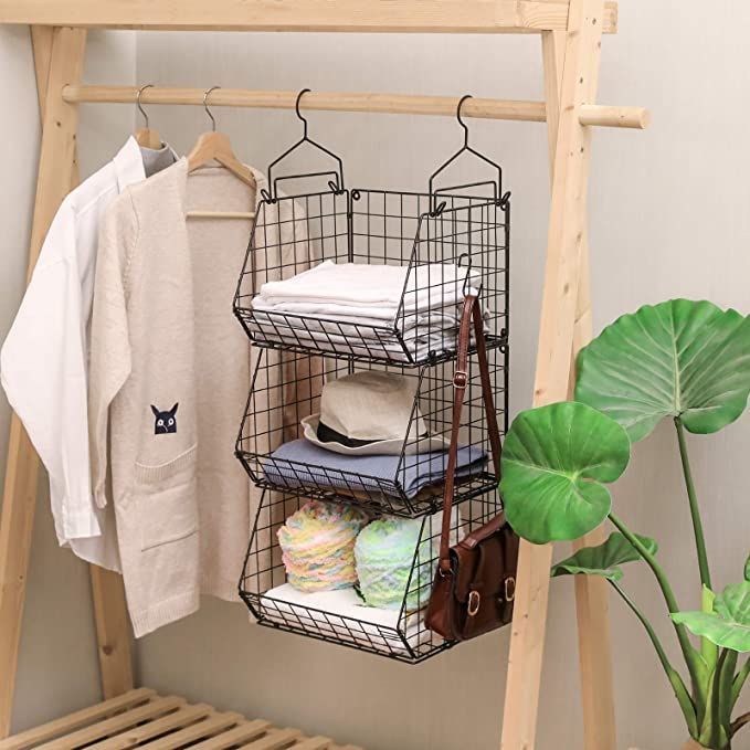 X Cosrack 3 Tier Foldable Closet Organizer, Clothes Shelves With 5 S Hooks,  Wall Mount&cabinet Wire Storage Basket Bins, For Clothing Sweaters Shoes  Handbags Cl… | Storage Closet Organization, Clothes Shelves, Closet  Accessories For 3 Shelf Hanging Shelves Wardrobes (View 9 of 15)