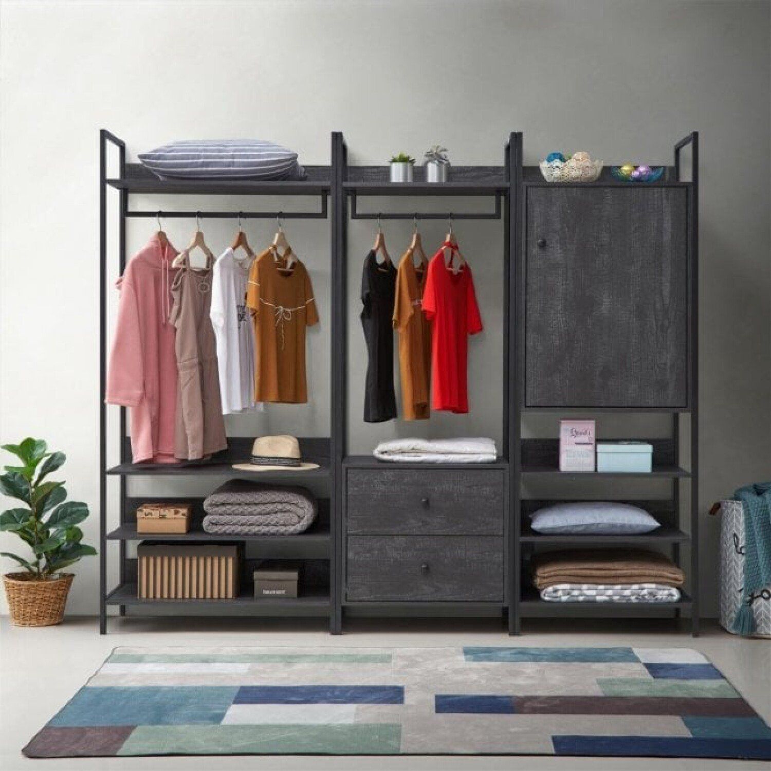 Zahra 3 Piece Bedroom Furniture Set Open Wardrobes – Black Oak – No 10  Furniture Throughout Cheap Black Wardrobes (Photo 6 of 15)