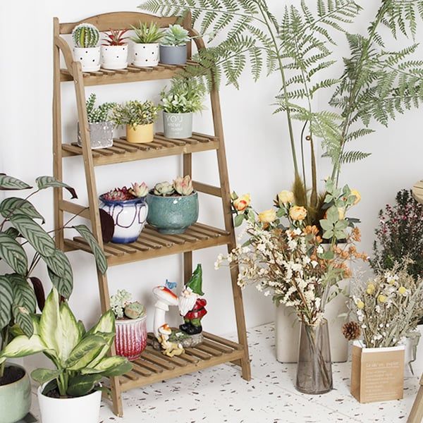 4 Tier Farmhouse Ladder Tall Tiered Wood Outdoor Plant Stand Display Shelf  Rack Natural | Homary Regarding Farmhouse Stands With Shelves (View 4 of 15)