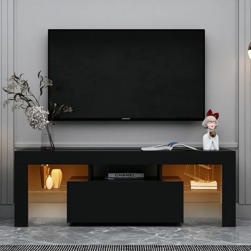 51.2" Modern Tv Stand W/ Led Light Entertainment Center W/ Drawer + Shelf  Black | Ebay With Black Rgb Entertainment Centers (Photo 2 of 15)