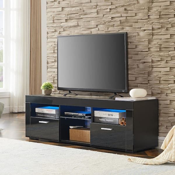 51 In. Black Tv Stand With 2 Drawers Fits Tv's Up To 55 In. With Rgb Lights  Sw Bl 5tv 01 – The Home Depot In Rgb Entertainment Centers Black (Photo 11 of 15)