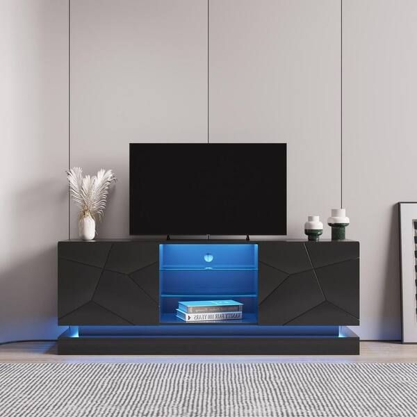 63 In. Black Modern Stylish Functional Tv Stand With Rgb Light Fits Tv's Up  To 70 In. With 2 Glass And Shelves D W33140081 – The Home Depot With Regard To Black Rgb Entertainment Centers (Photo 1 of 15)