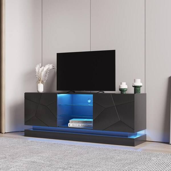 63 In. Black Modern Stylish Functional Tv Stand With Rgb Light Fits Tv's Up  To 70 In. With 2 Glass And Shelves D W33140081 – The Home Depot Within Rgb Tv Entertainment Centers (Photo 4 of 15)