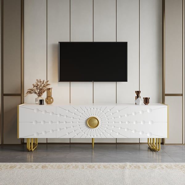 70.9" Art Deco White Tv Stand With 4 Doors And 6 Shelves | Homary Ca Regarding Romain Stands For Tvs (Photo 14 of 15)