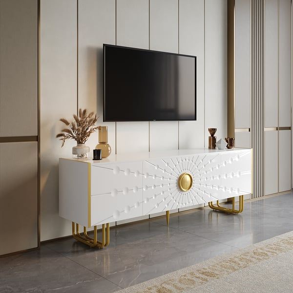 70.9" Art Deco White Tv Stand With 4 Doors And 6 Shelves | Homary Ca With Regard To Romain Stands For Tvs (Photo 10 of 15)