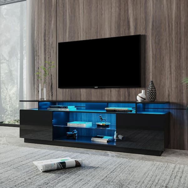 71 In. Modern Black Tv Stand With Rgb Light Fits Tv's Up To 80 In. With 2  Storage Cabinet With Open Shelves D W33146733 – The Home Depot Regarding Rgb Entertainment Centers Black (Photo 5 of 15)