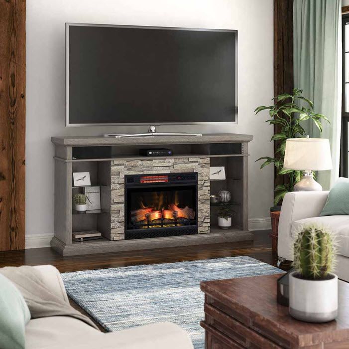 73" Ellistone Weathered Gray Infrared Tv Stand Electric Fireplace With Electric Fireplace Tv Stands (Photo 5 of 15)