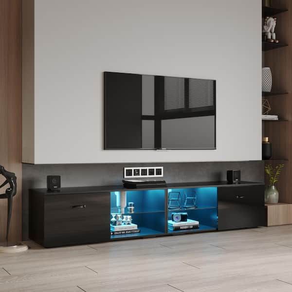 79 In. Modern Black Tv Stand With Rgb Light Fits Tv's Up To 80 In. With  2 Door Lockers And Shelves Sw Dsg Bl 1 – The Home Depot With Regard To Black Rgb Entertainment Centers (Photo 11 of 15)