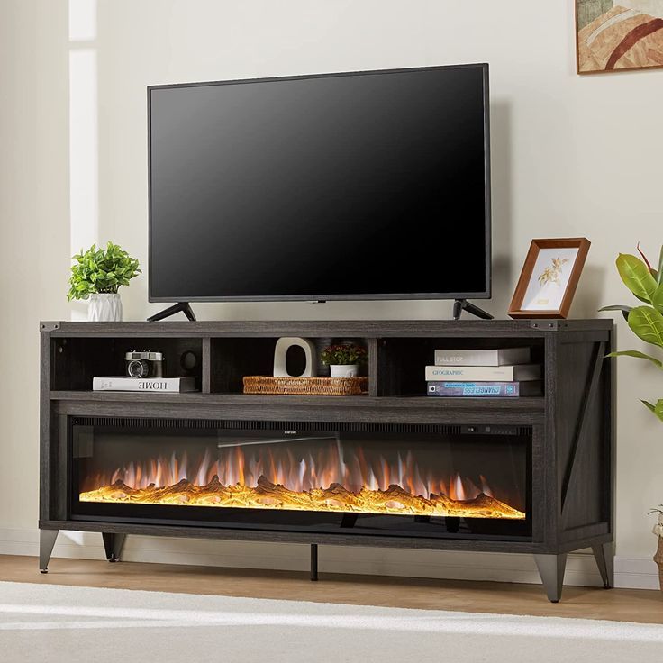 Amerlife 65in Fireplace Tv Stand With 60in Glass Electric Fireplace,  Industrial & Farmhouse Media Entertainment Center With Open Shelve Storage  For Up To 75in, … In 2023 | Fireplace Tv Stand, Fireplace Inside Media Entertainment Center Tv Stands (View 6 of 15)