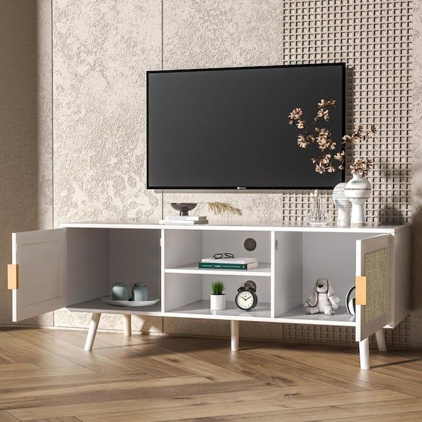 Aupodin 47 In. Farmhouse Rattan Tv Stand Fits Tv's Up To55 Inches Tv Mid  Century Modern Entertainment Center With Cabinet White H0055 – The Home  Depot Inside Farmhouse Rattan Tv Stands (Photo 7 of 15)