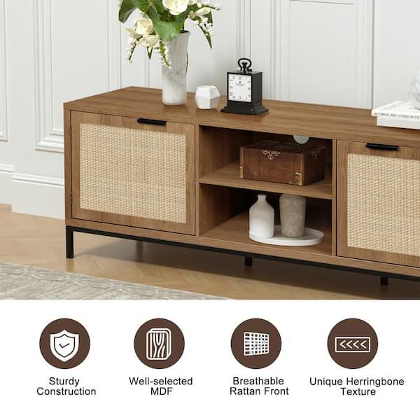 Aupodin Farmhouse 58 In. Wood Tv Stand Fits Tv's Up To 65 In. Rustic Oak Tv  Console Media Table With 2 Rattan Doors H0033 – The Home Depot Within Farmhouse Rattan Tv Stands (Photo 14 of 15)