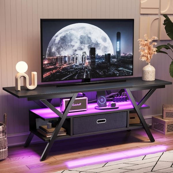 Bestier 55 In. Black Carbon Fiber Led Tv Stand With Drawer And Power Outlets  For Tvs Up To 65 In (View 12 of 15)