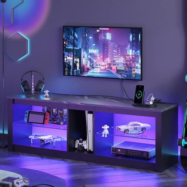 Bestier 55 In. Black Marble Tv Stand With Power Outlets Led Entertainment  Center With Glass Shelves L101014gus Blkm – The Home Depot Regarding Tv Stands With Led Lights & Power Outlet (Photo 8 of 15)